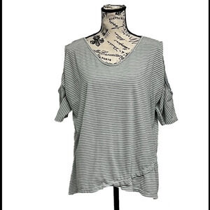 Fresh Produce Top Women 2X Plus Grey Pullover Blouse Striped Cold Shoulder USA